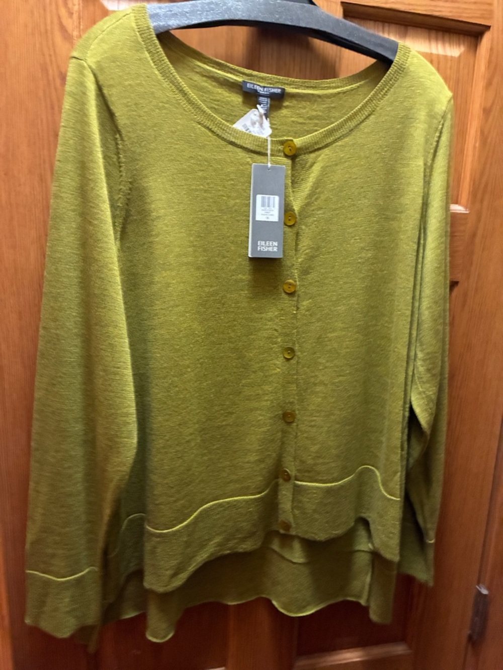 Eileen Fisher Olive Layered Hem Button Cardigan